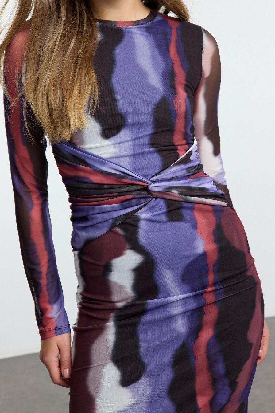 Moda Stil Slim Bisiklet Yaka Maxi Boy Çok Renkli Soyut Bağlama Detaylı Örme Elbise