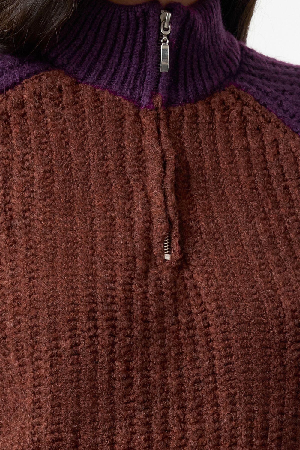 Kadın Reglan Kollu Renk Bloklu Fermuar Detaylı Dik Yaka Oversize Triko Kazak Günlük Tarz. Kaliteli