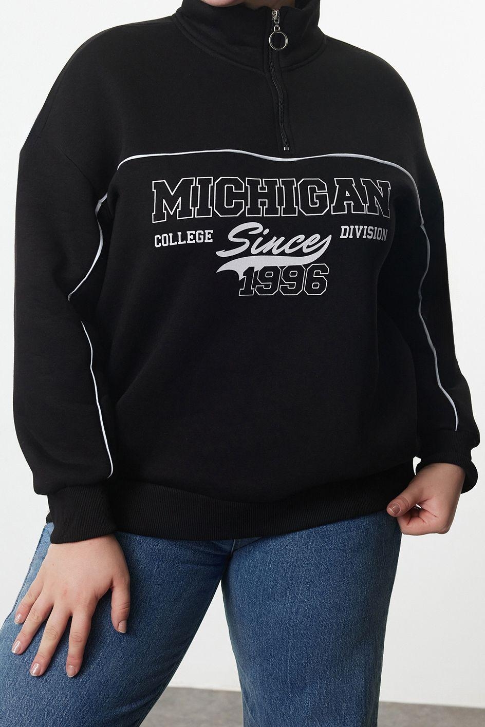 Büyük Beden Oversize Fermuarlı Yaka Düşük Kol Baskılı Geniş Kalın Polarlı Örme Sweatshirt