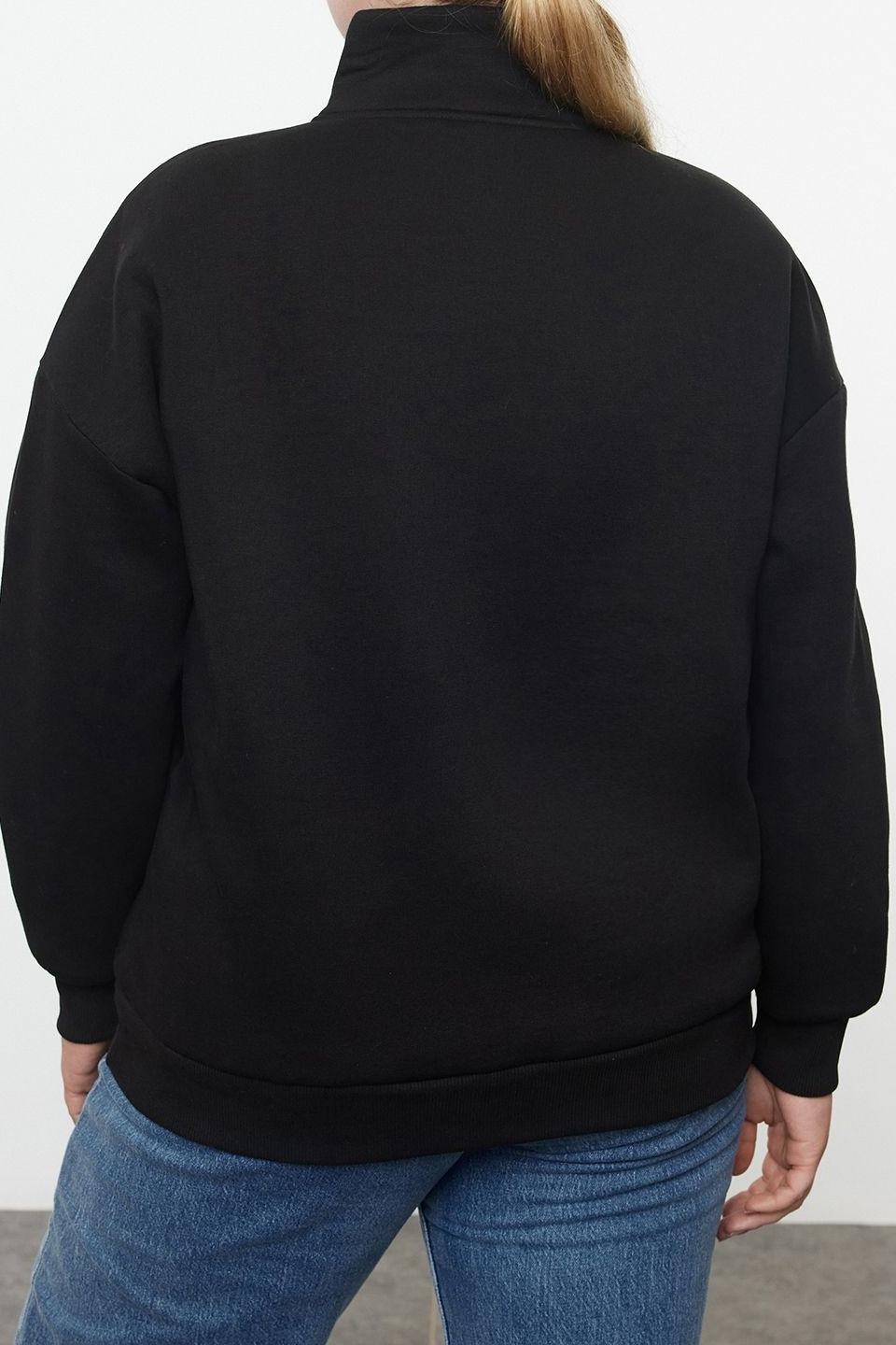 Büyük Beden Oversize Fermuarlı Yaka Düşük Kol Baskılı Geniş Kalın Polarlı Örme Sweatshirt
