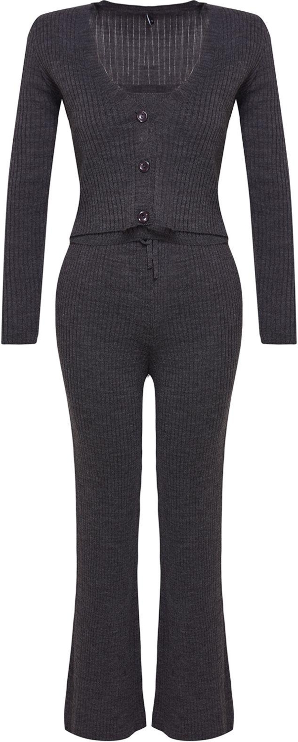 Tarz Kadın Modern Moda Normal Bel Geniş Paça V Yaka Fitillli Bluz Hırka Pantolon Triko Alt-Üst Takım