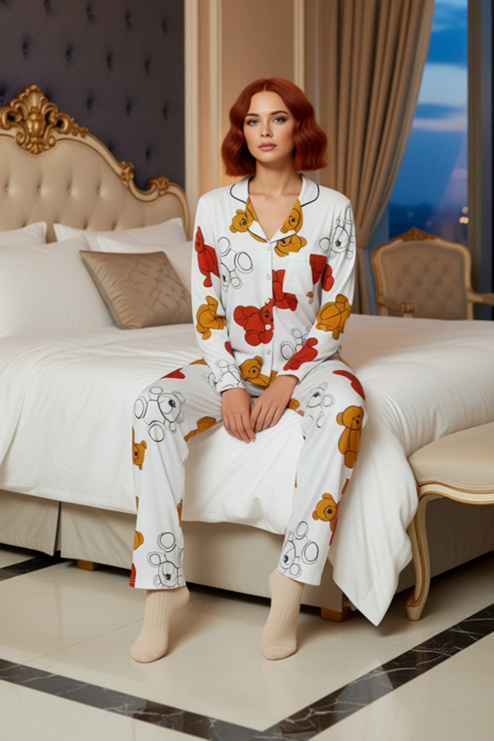 Kadın Ayıcık Baskılı Gömlek ve Pantolon Pijama Seti Fonksiyonel Dayanıklı Kaliteli Estetik