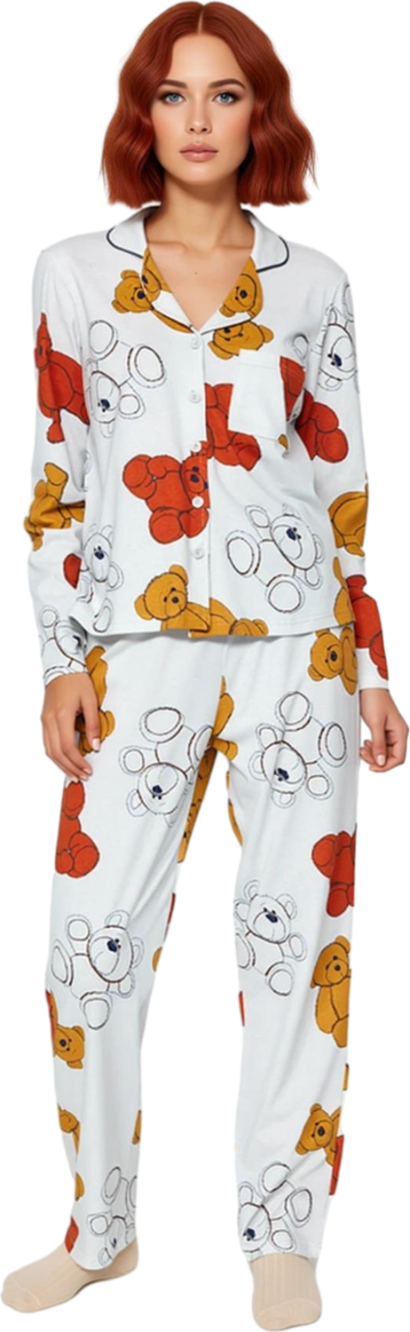 Kadın Ayıcık Baskılı Gömlek ve Pantolon Pijama Seti Fonksiyonel Dayanıklı Kaliteli Estetik