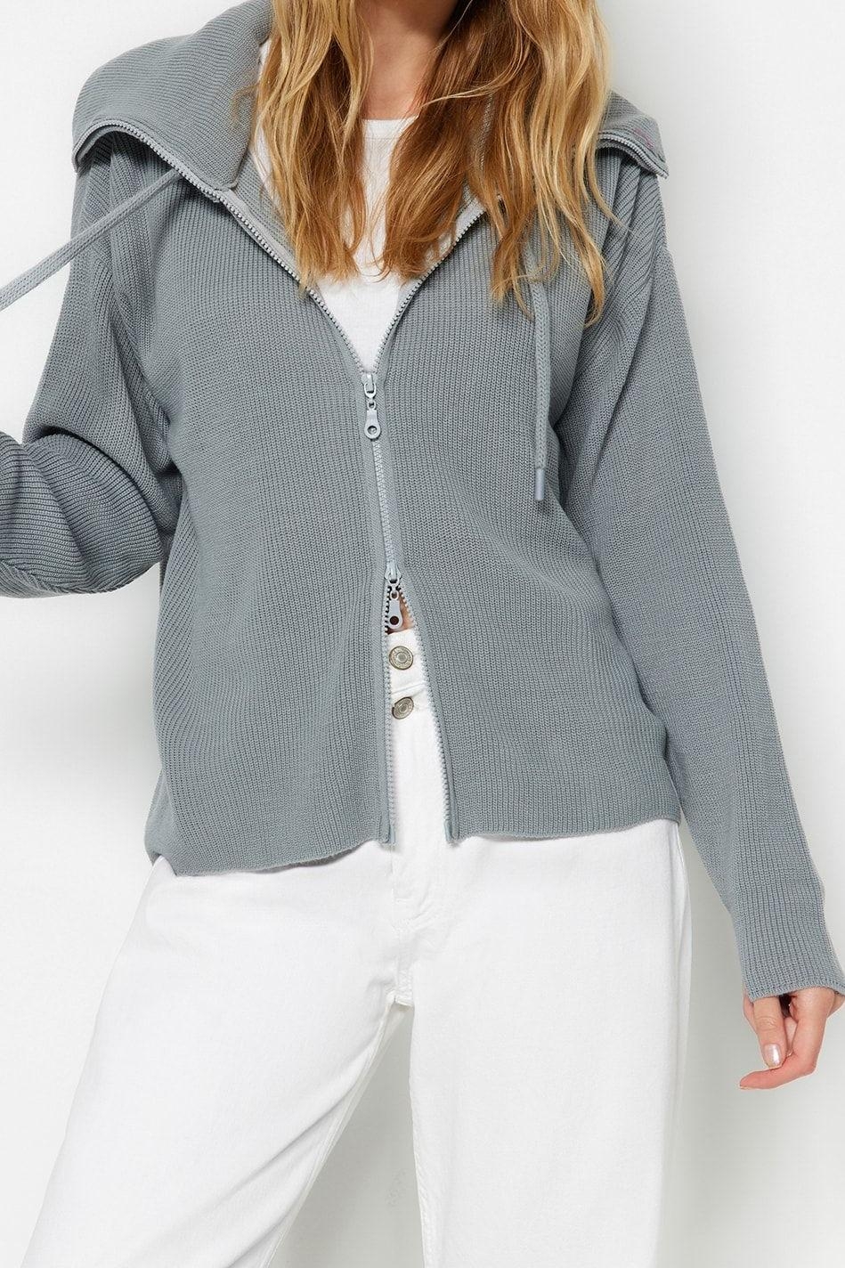 Kadın Modern Tarz Oversize Dik Yaka Regular Triko Hırka
