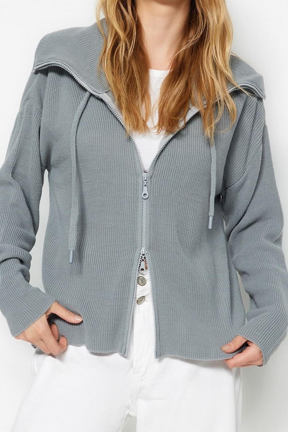 Kadın Modern Tarz Oversize Dik Yaka Regular Triko Hırka
