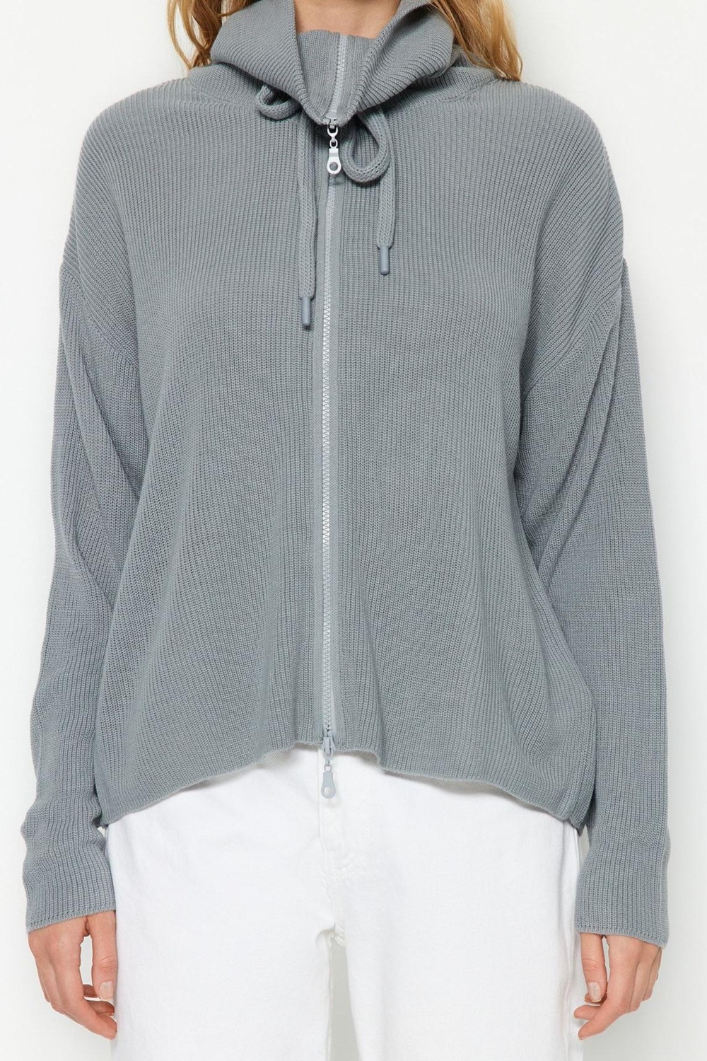Kadın Modern Tarz Oversize Dik Yaka Regular Triko Hırka