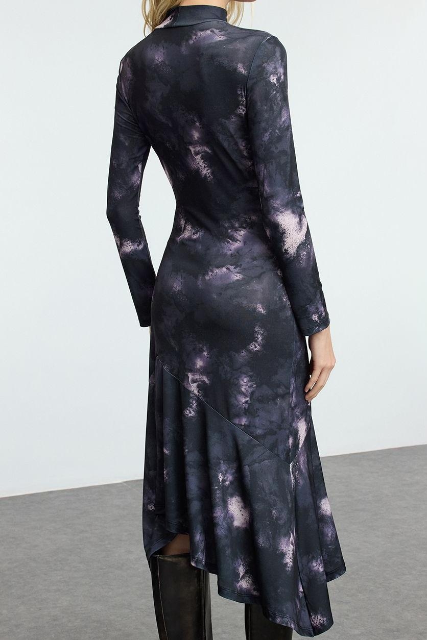 Moda Stil Slim Dik Yaka Midi Boy Fitted Vücuda Oturan Baskılı Örme Elbise