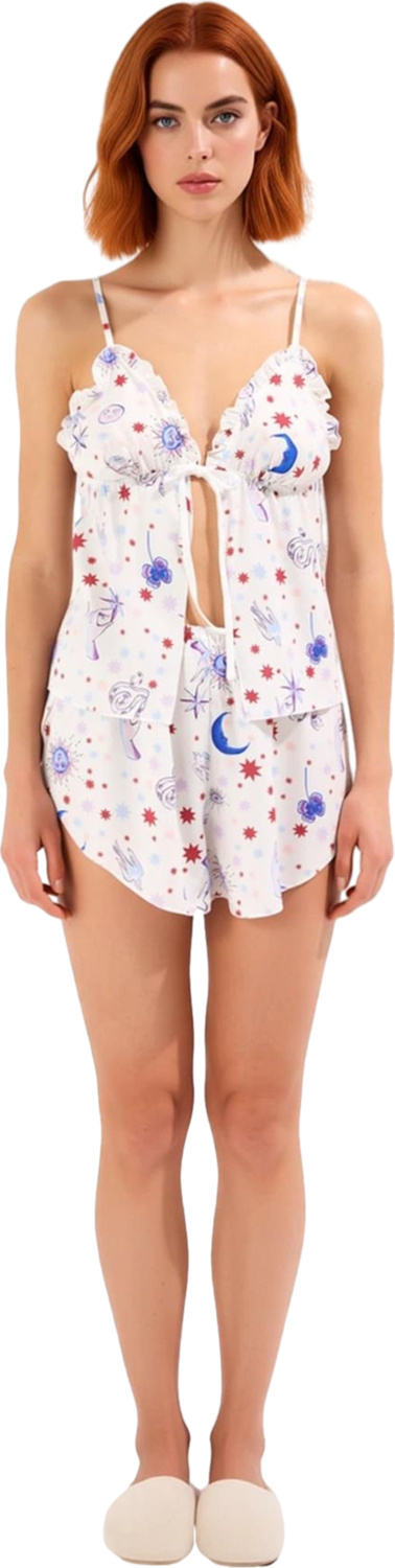 Kadın Galaksi Baskılı V Yaka İnce Askılı Pijama Şort Takımı Fonksiyonel Dayanıklı Kaliteli
