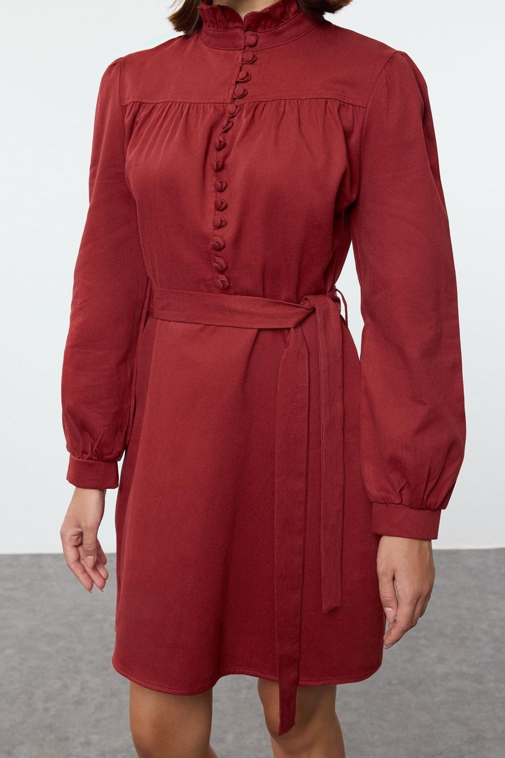 Moda Stil Regular Dik Yaka Mini Boy Dokuma Elbise