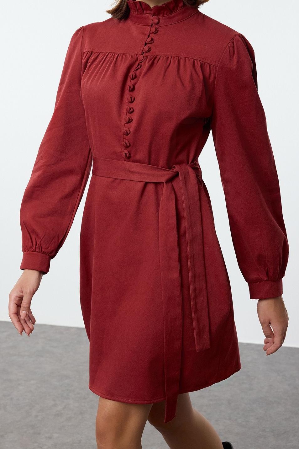 Moda Stil Regular Dik Yaka Mini Boy Dokuma Elbise