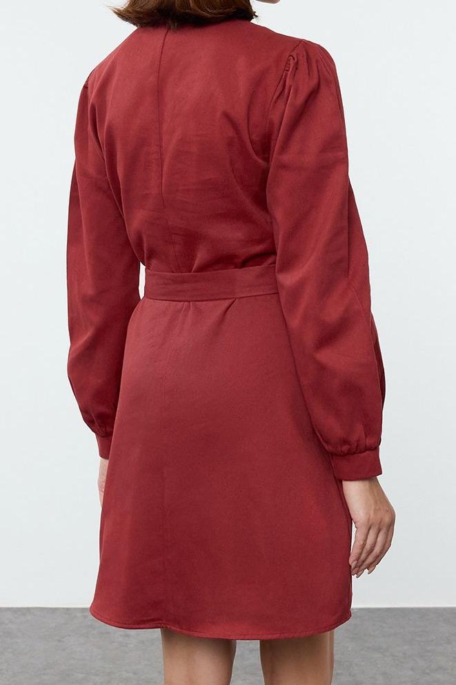 Moda Stil Regular Dik Yaka Mini Boy Dokuma Elbise