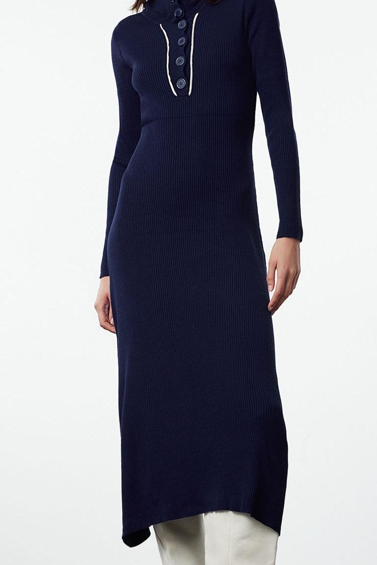 Moda Stil Regular Polo Yaka Midi Boy Triko Çizgili Biye Detaylı Elbise