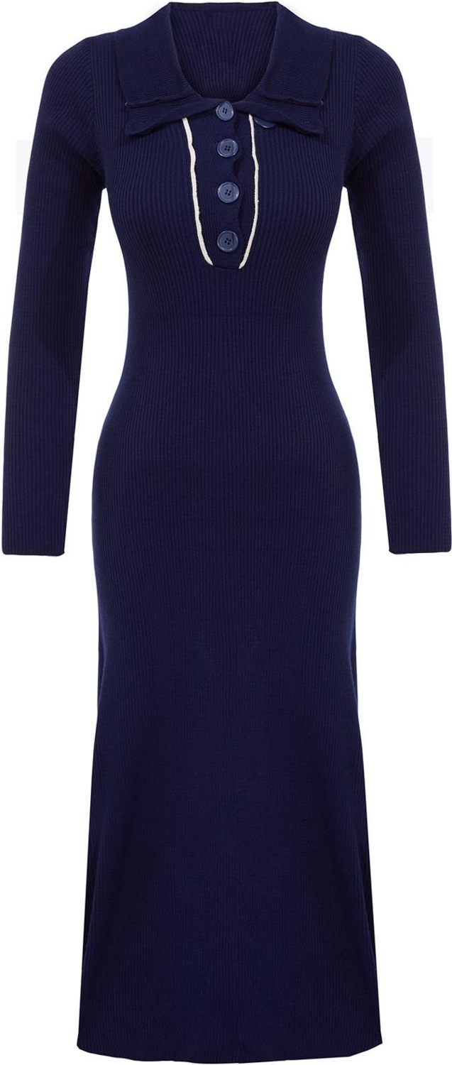 Moda Stil Regular Polo Yaka Midi Boy Triko Çizgili Biye Detaylı Elbise