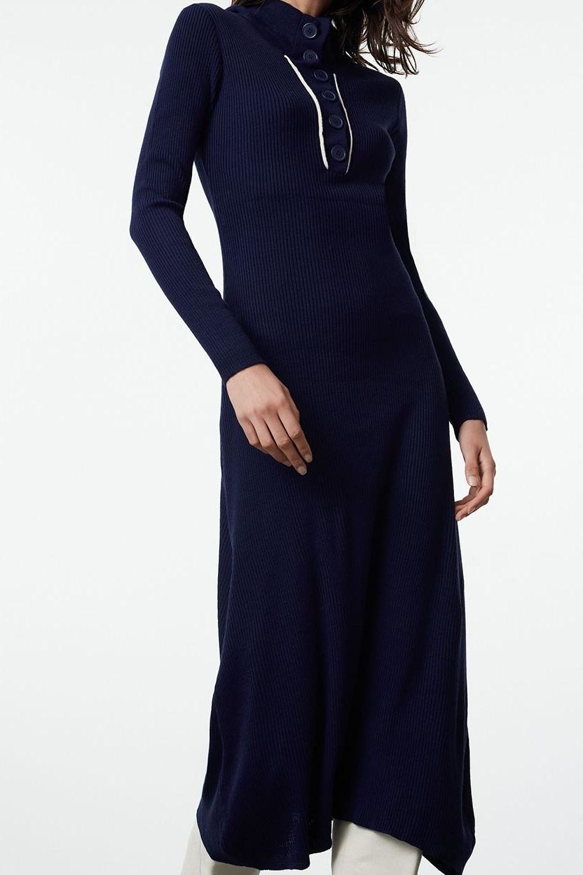 Moda Stil Regular Polo Yaka Midi Boy Triko Çizgili Biye Detaylı Elbise