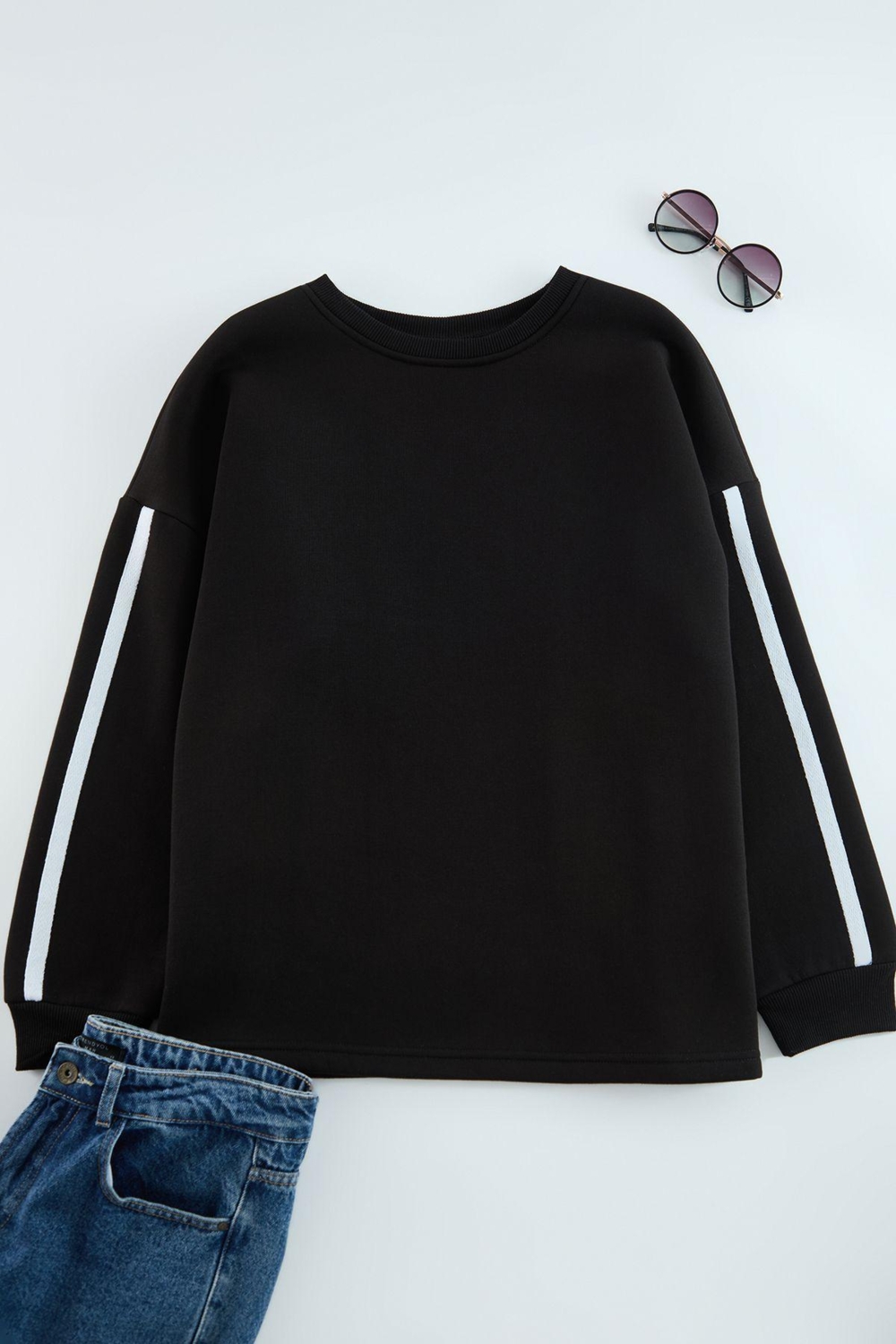 Büyük Beden Oversize Bisiklet Yaka Düşük Kol Uzun Şerit Geniş Kalıp İnce Örme Sweatshirt