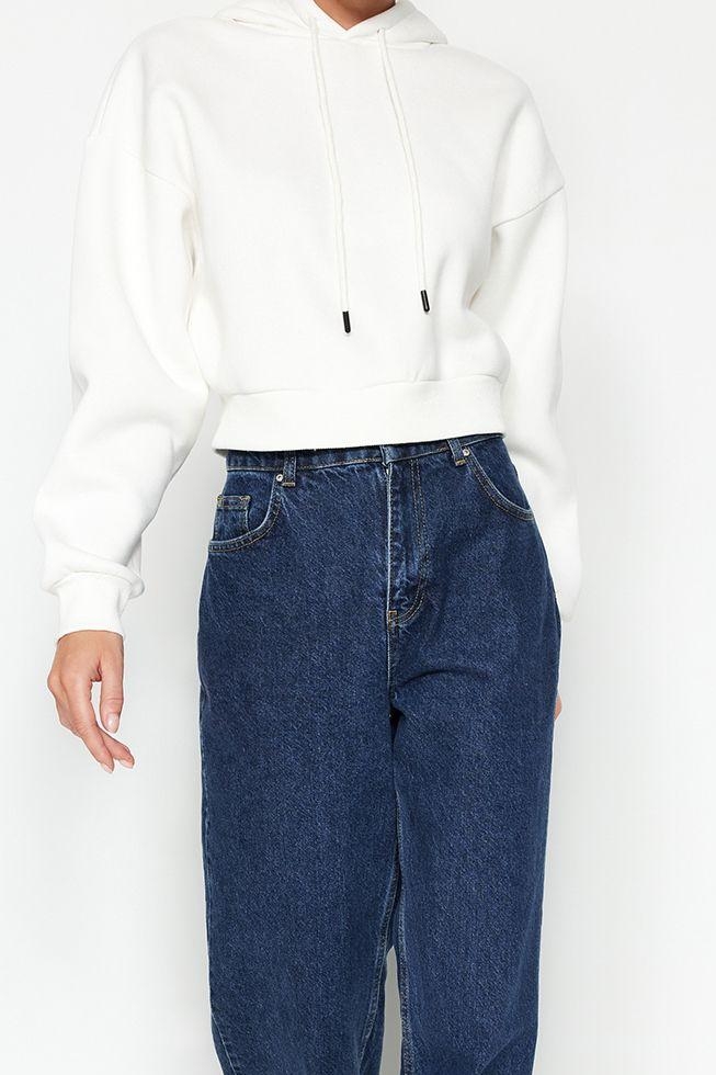 Tarz Relaxed Kapüşonlu Düşük Kol Crop Kalın İçi Polarlı Rahat Kesim Crop Basic Örme Sweatshirt