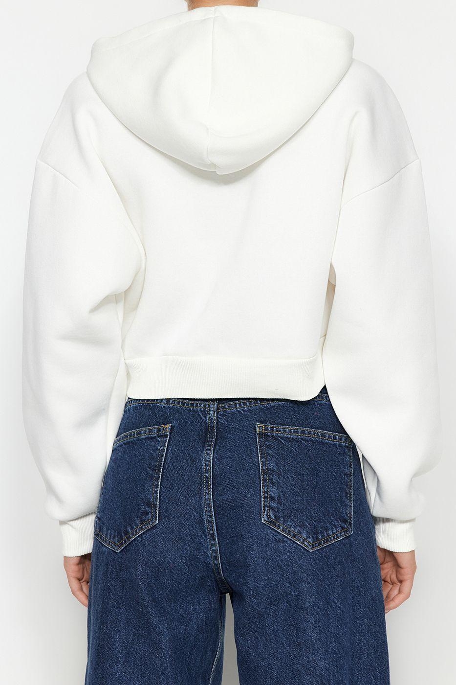 Tarz Relaxed Kapüşonlu Düşük Kol Crop Kalın İçi Polarlı Rahat Kesim Crop Basic Örme Sweatshirt