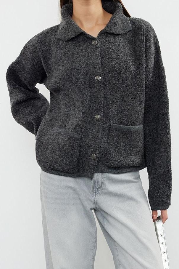 Kadın Modern Tarz Oversize Polo Yaka Regular Triko Hırka