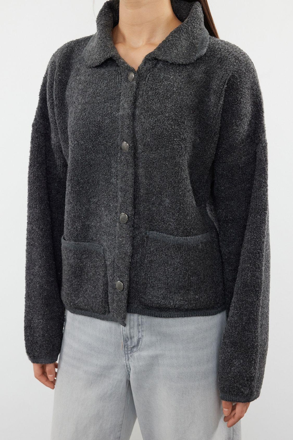 Kadın Modern Tarz Oversize Polo Yaka Regular Triko Hırka