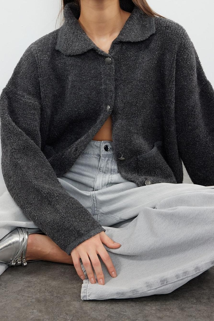 Kadın Modern Tarz Oversize Polo Yaka Regular Triko Hırka