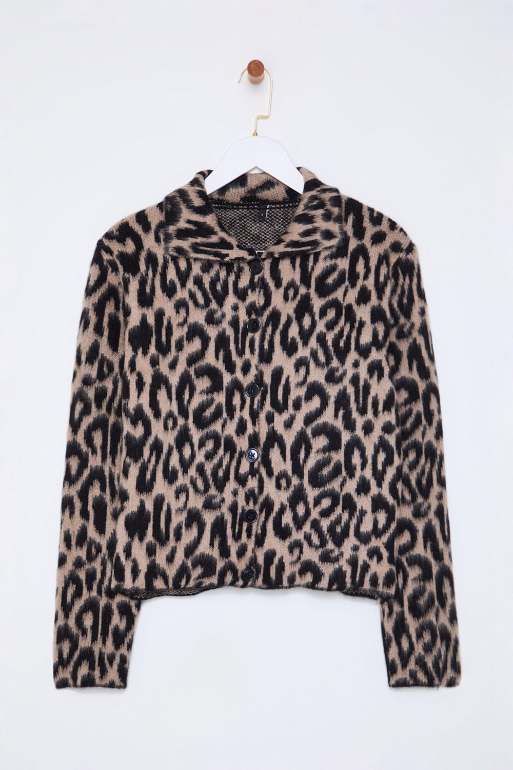 Stil Modern Kadın Regular Standart Kol Polo Yaka Leopar Desenli Triko Hırka