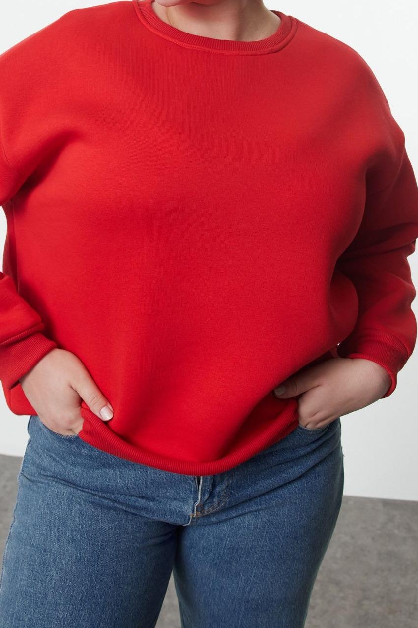 Büyük Beden Oversize Bisiklet Yaka Düşük Kol Rahat Kesim Basic Kalın polarlı Örme Sweatshirt