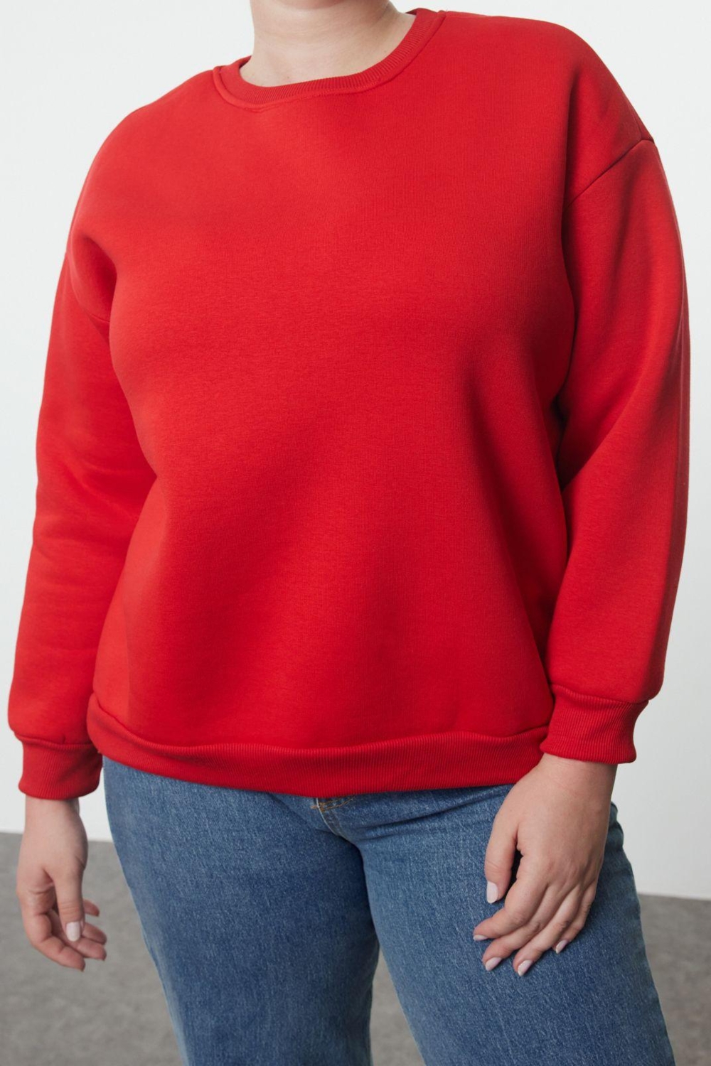 Büyük Beden Oversize Bisiklet Yaka Düşük Kol Rahat Kesim Basic Kalın polarlı Örme Sweatshirt