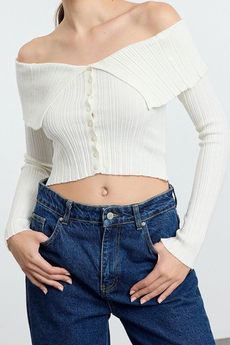 Kadın Modern Tarz Slim Carmen Yaka Crop Triko Hırka