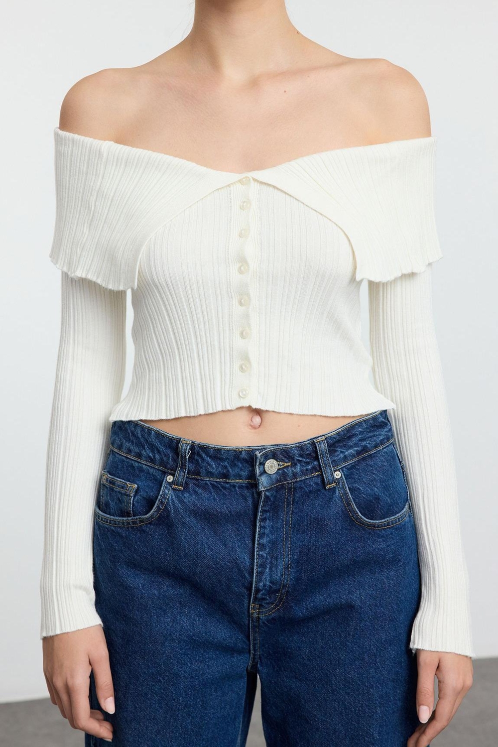 Kadın Modern Tarz Slim Carmen Yaka Crop Triko Hırka