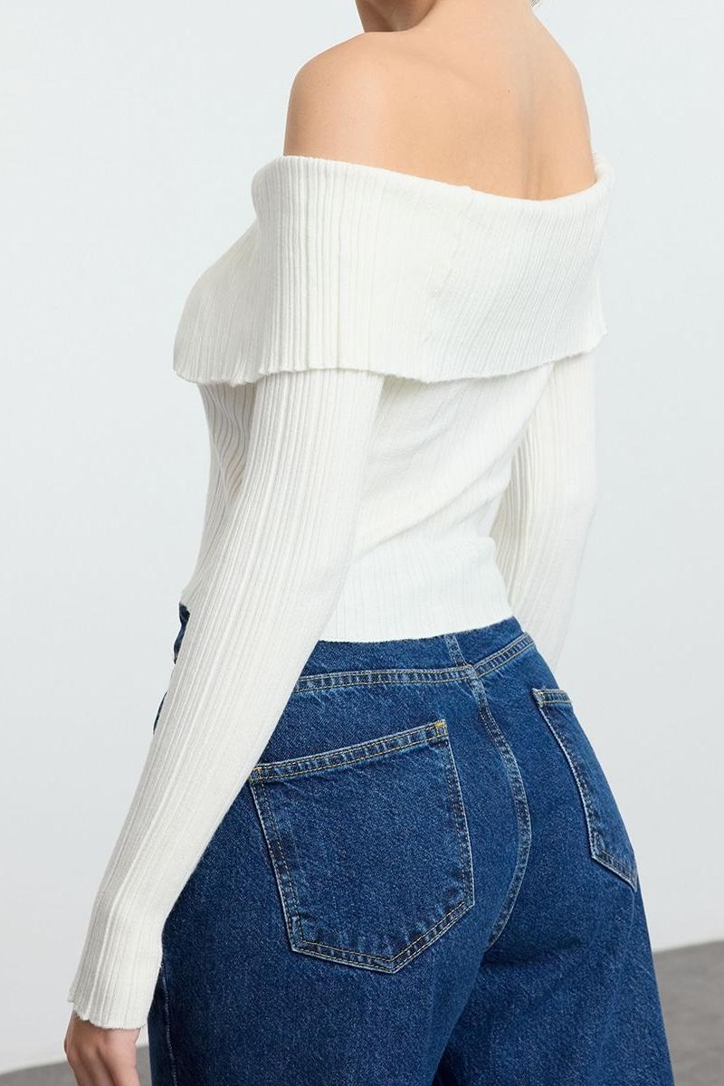 Kadın Modern Tarz Slim Carmen Yaka Crop Triko Hırka
