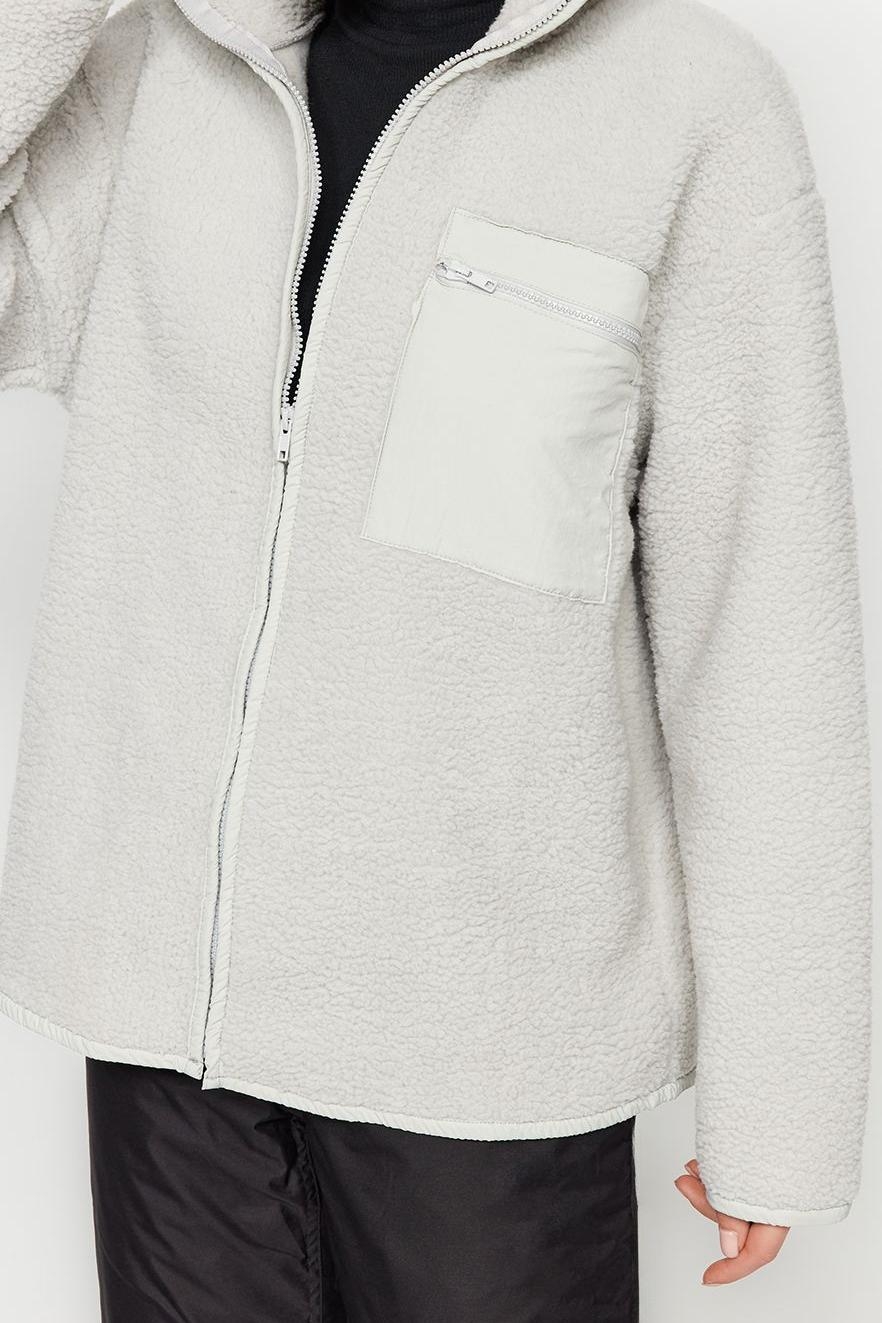 Tarz Oversize Dik Yaka Standart Kol Uzun Polar Fermuarlı Uzun Kol Cep Detaylı Örme Sweatshirt