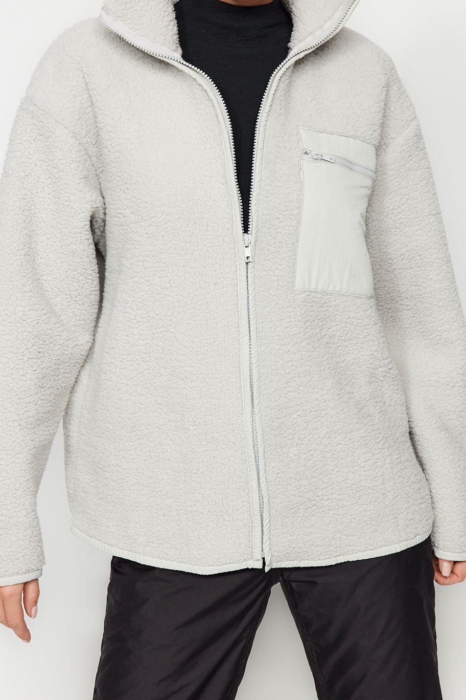 Tarz Oversize Dik Yaka Standart Kol Uzun Polar Fermuarlı Uzun Kol Cep Detaylı Örme Sweatshirt