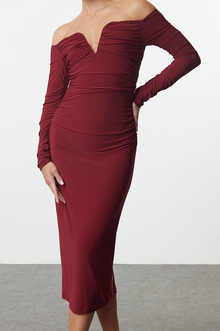 Moda Stil Fitted Carmen Yaka Midi Boy Vücuda Oturan Örme Elbise
