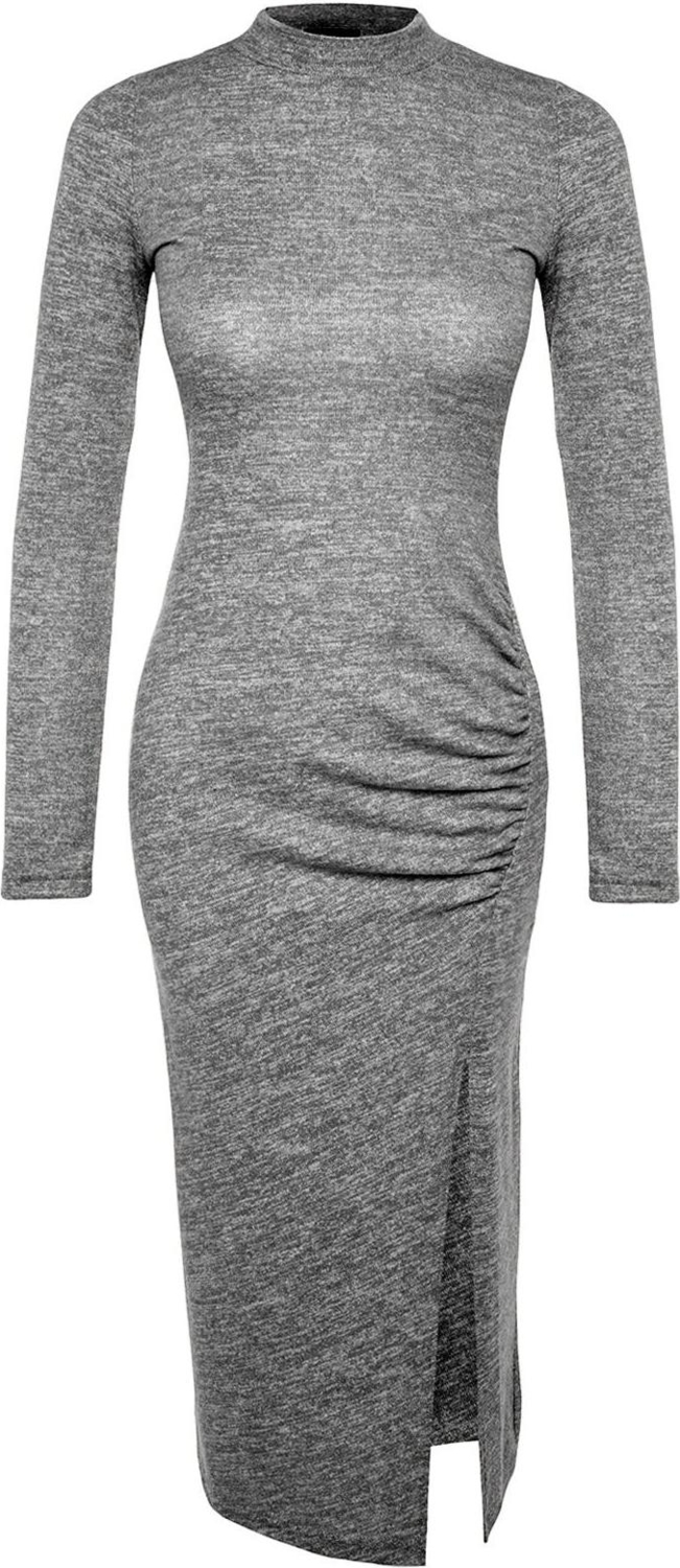 Moda Stil Slim Dik Yaka Midi Boy Bisiklet Yaka Yumoş Yırtmaçlı ve Büzgü Detaylı Fitted Örme Elbise