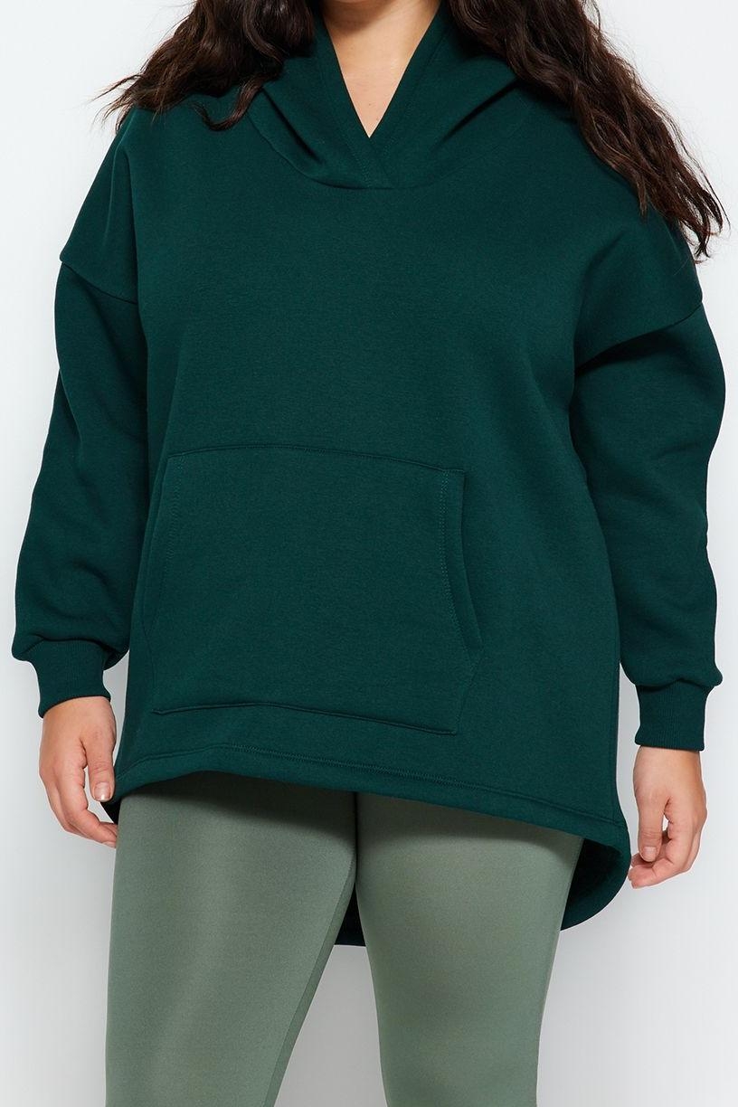 Büyük Beden Tarz Oversize Kapüşonlu Düşük Kol Regular Kalın İçi Polarlı Örme Sweatshirt