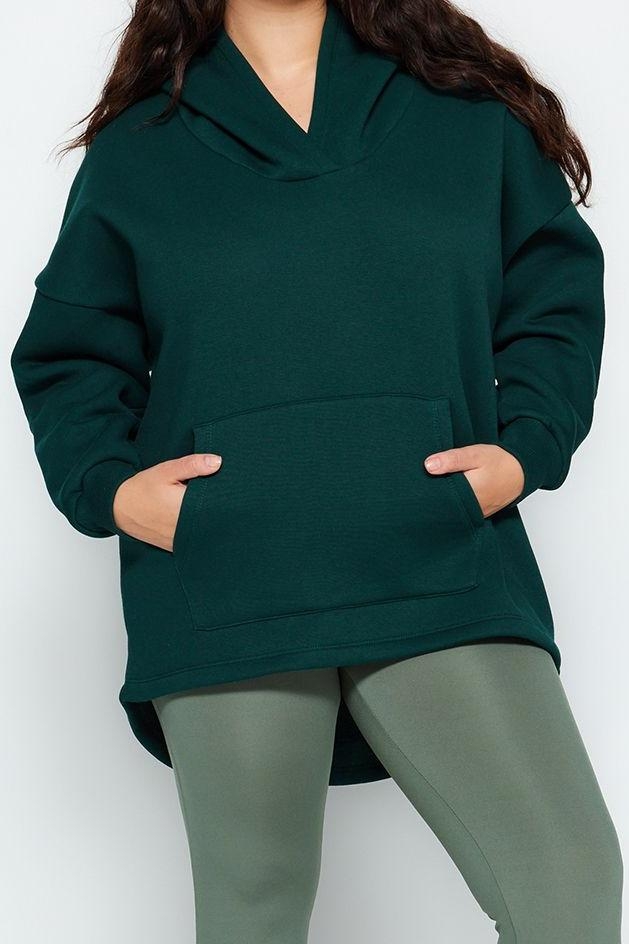 Büyük Beden Tarz Oversize Kapüşonlu Düşük Kol Regular Kalın İçi Polarlı Örme Sweatshirt