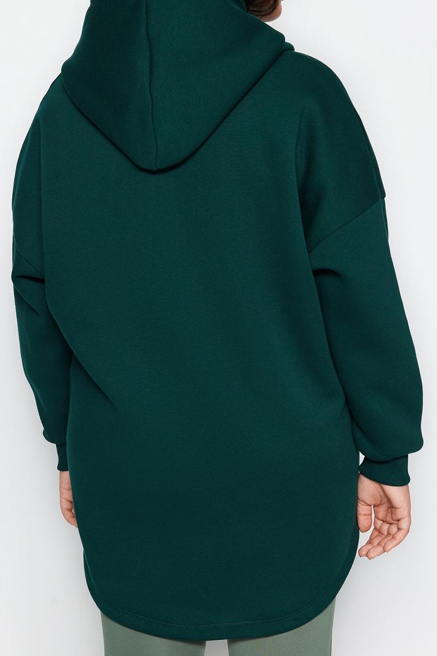 Büyük Beden Tarz Oversize Kapüşonlu Düşük Kol Regular Kalın İçi Polarlı Örme Sweatshirt