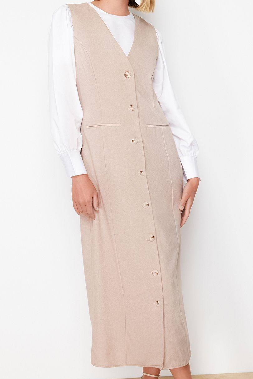Moda Stil Regular V Yaka Maxi Boy Tesettür Dokuma Kumaş Jile Elbise