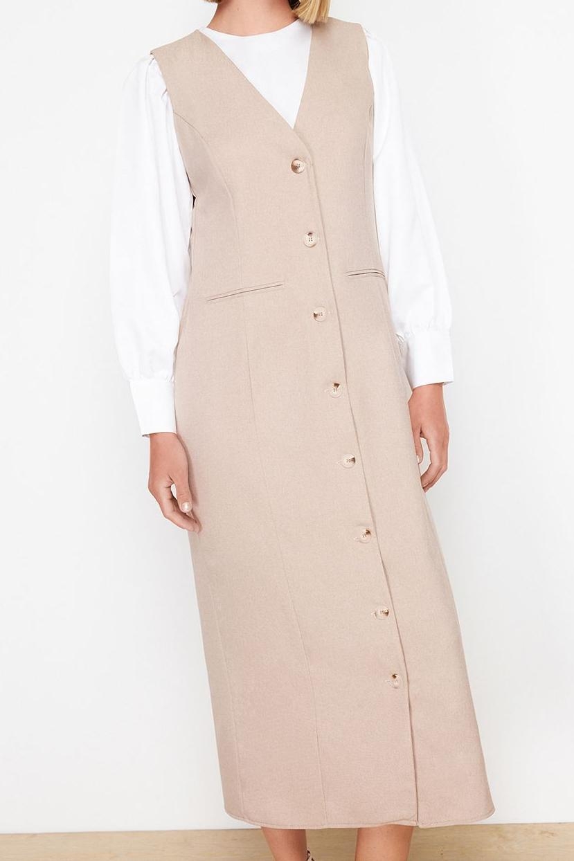 Moda Stil Regular V Yaka Maxi Boy Tesettür Dokuma Kumaş Jile Elbise