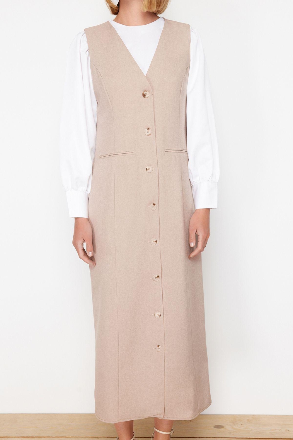 Moda Stil Regular V Yaka Maxi Boy Tesettür Dokuma Kumaş Jile Elbise