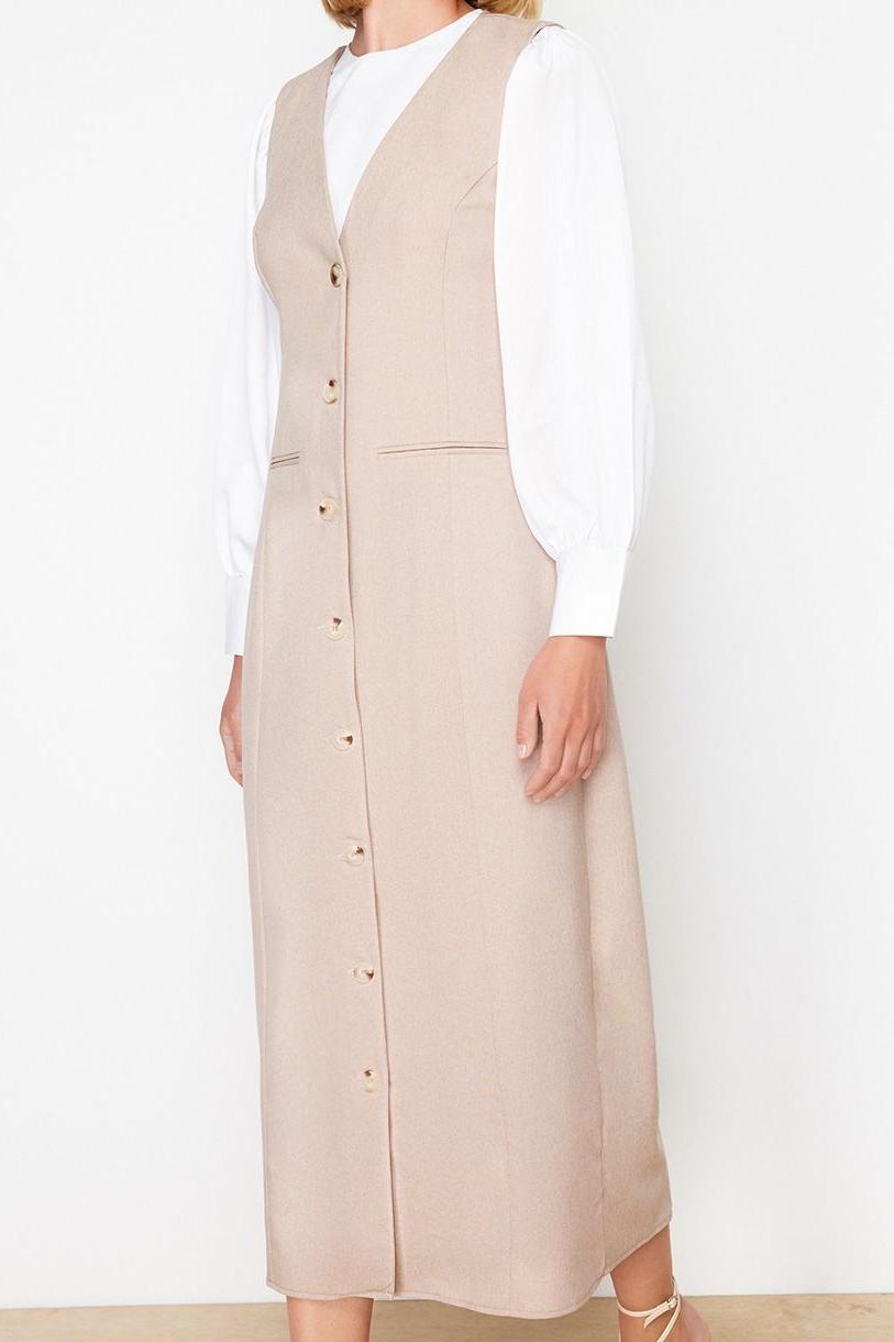 Moda Stil Regular V Yaka Maxi Boy Tesettür Dokuma Kumaş Jile Elbise