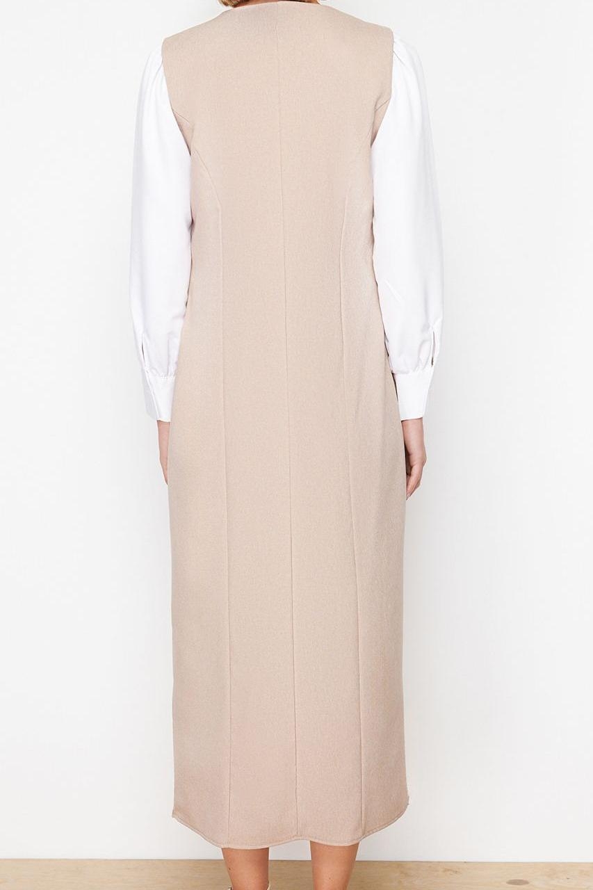Moda Stil Regular V Yaka Maxi Boy Tesettür Dokuma Kumaş Jile Elbise