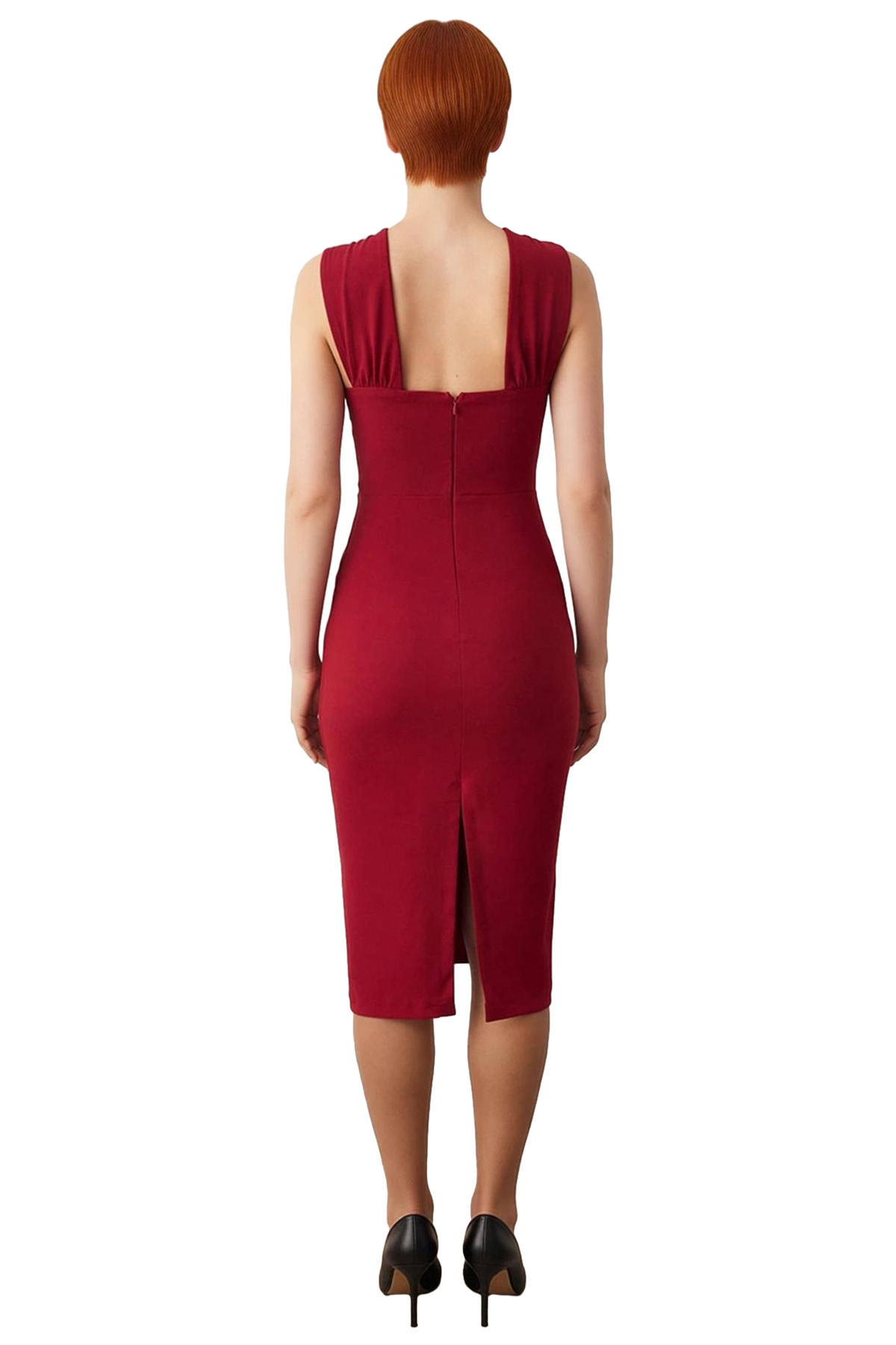 Kadın Bordo Halter Yaka Aksesuar Detaylı Bodycon Midi Elbise Şık Ve Zarif Duruş İle Öne Çıkın
