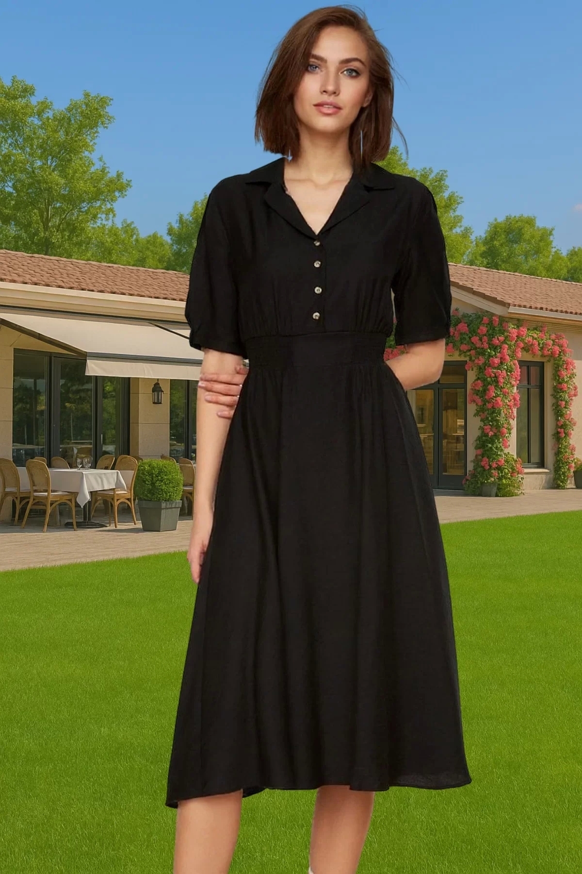 Kadın A Kesim Midi Elbise Gömlek Yaka Viskoz Karışımlı Rahat Günlük Stil Dayanıklı Malzeme