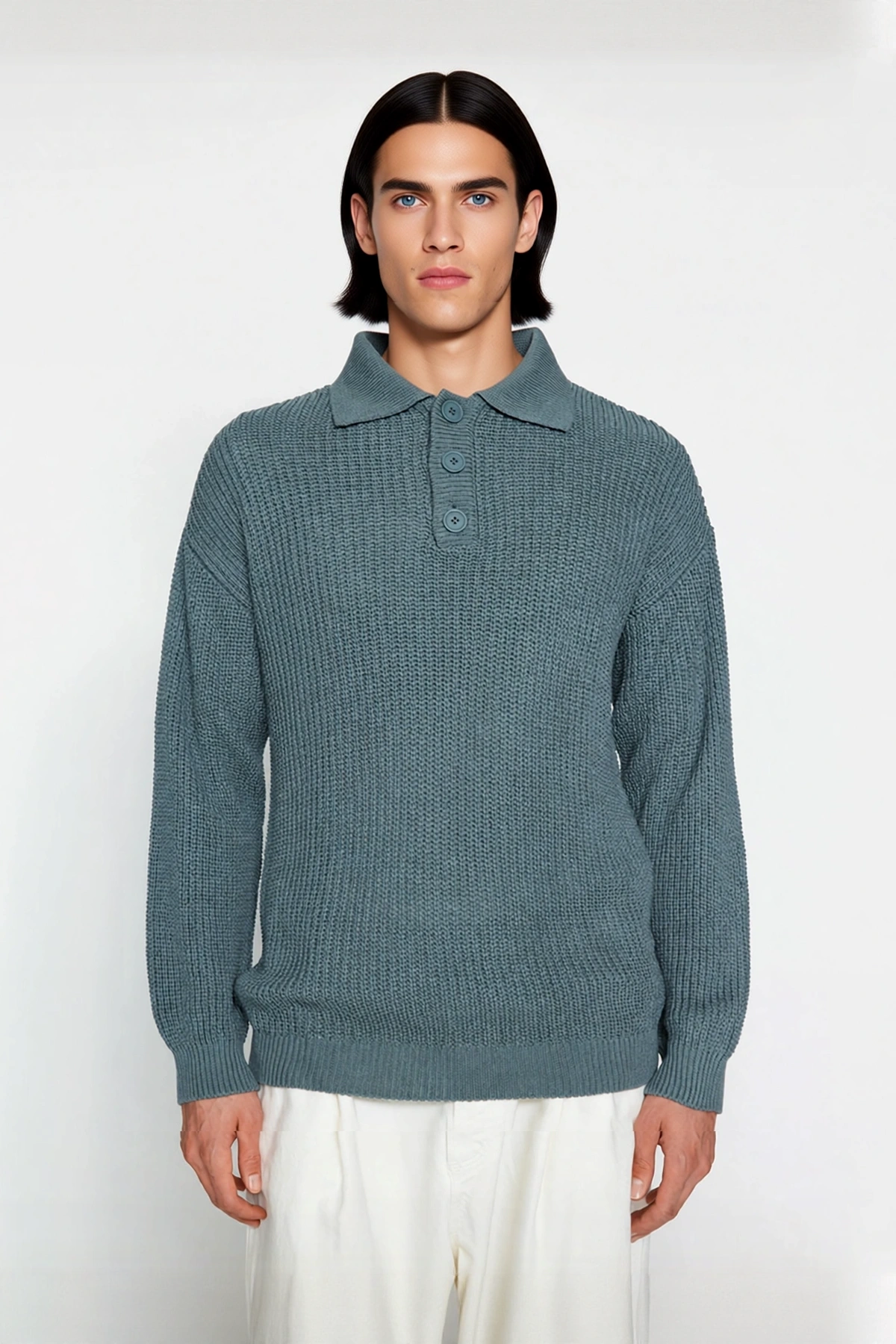 Unisex Oversize Fit Polo Yaka Basic Selanik Dokulu Triko Kazak Kışlık Kombinlerin Vazgeçilmezi