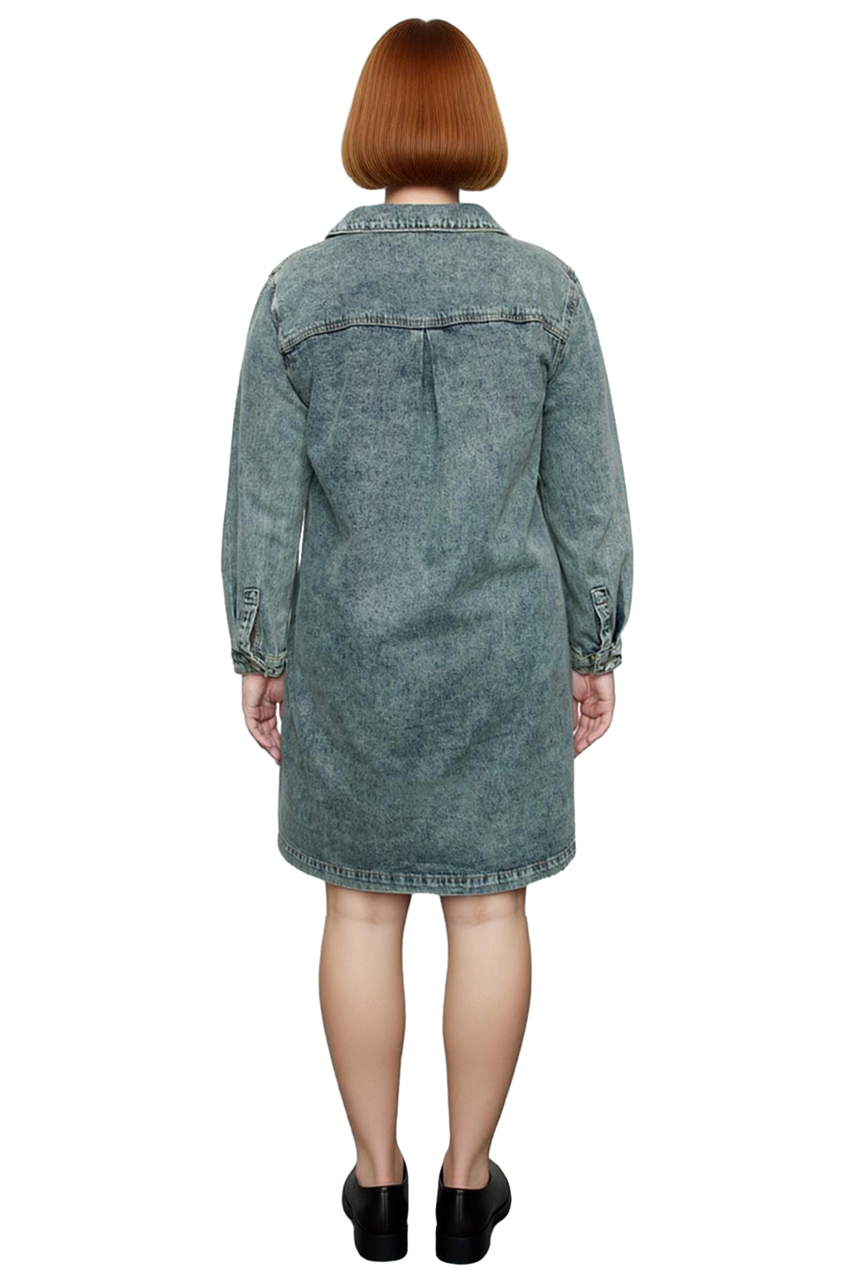 Kadınlar İçin Mavi Denim Shift Kalıp Gömlek Yaka %100 Pamuk Uzun Kollu Mini Elbise Kaliteli