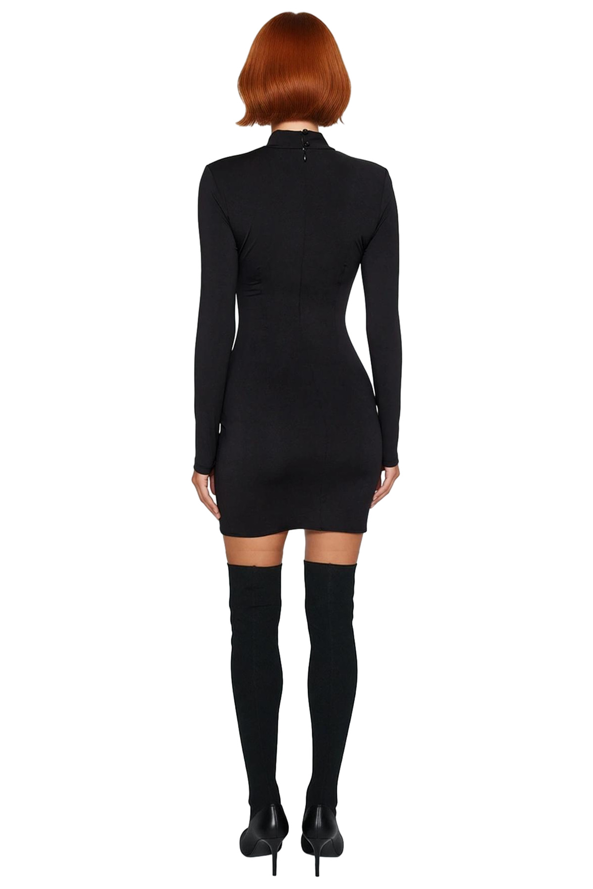 Kadın Siyah Bodycon Uzun Kollu Dik Yaka Mini Elbise Şık Kokteyl Ve Gece Davetleri İçin İdeal Seçim
