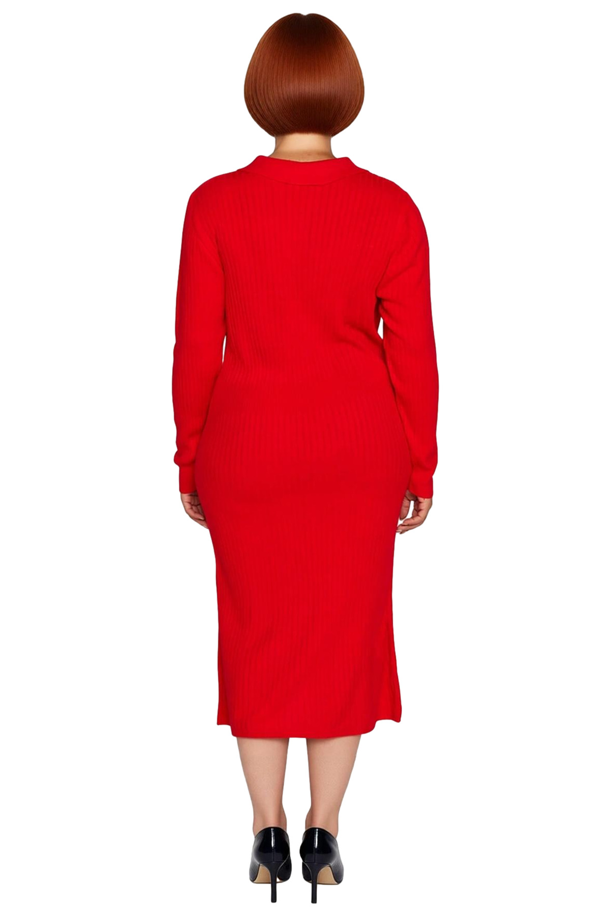 Kadın Polo Yaka Fitilli Bodycon Triko Midi Elbise Uzun Kollu Kış Günlük Şık Akrilik Tasarım