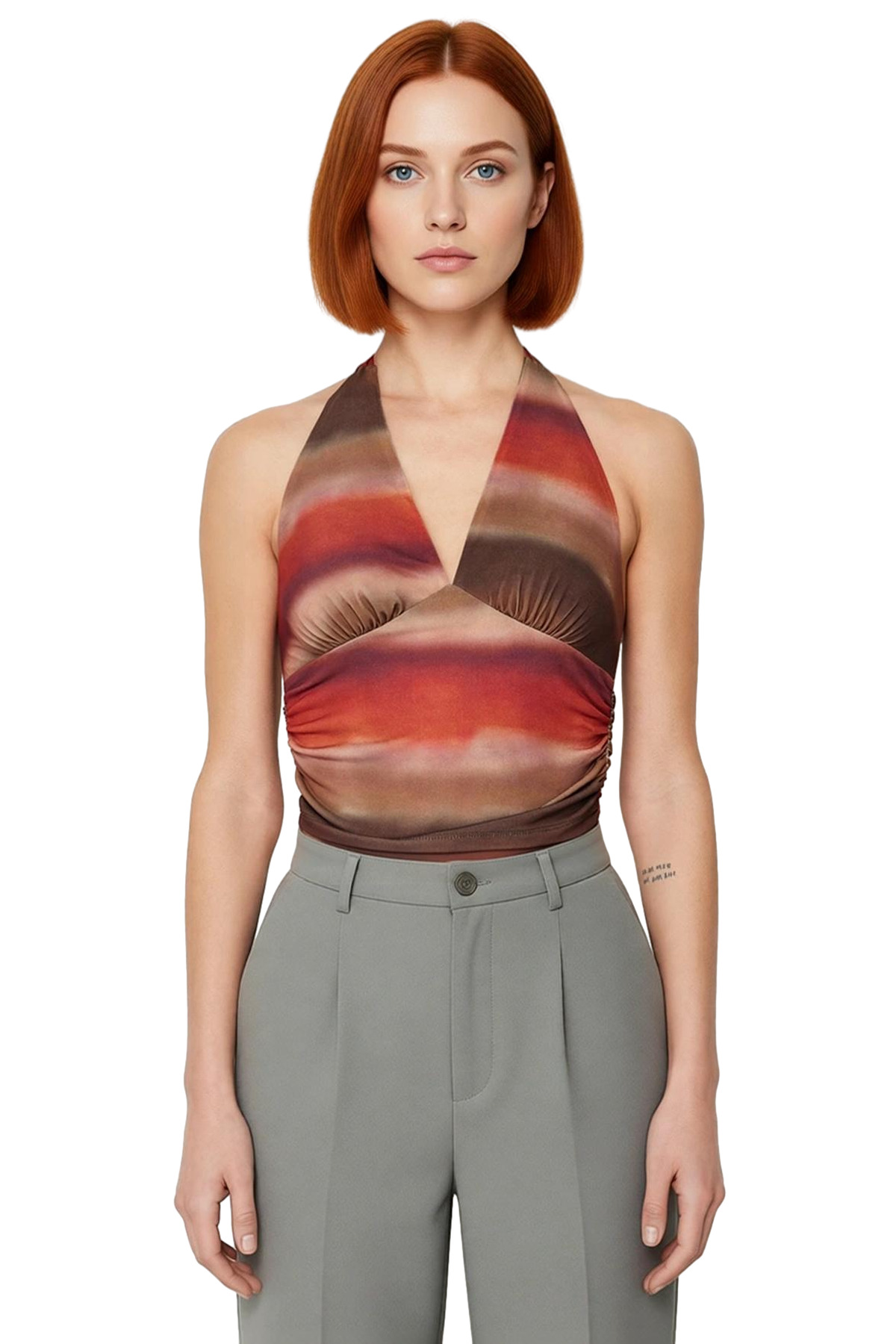 V Yaka Fitted Crop Bluz Sandy Dokuma Yazlık Günlük Kullanım İçin