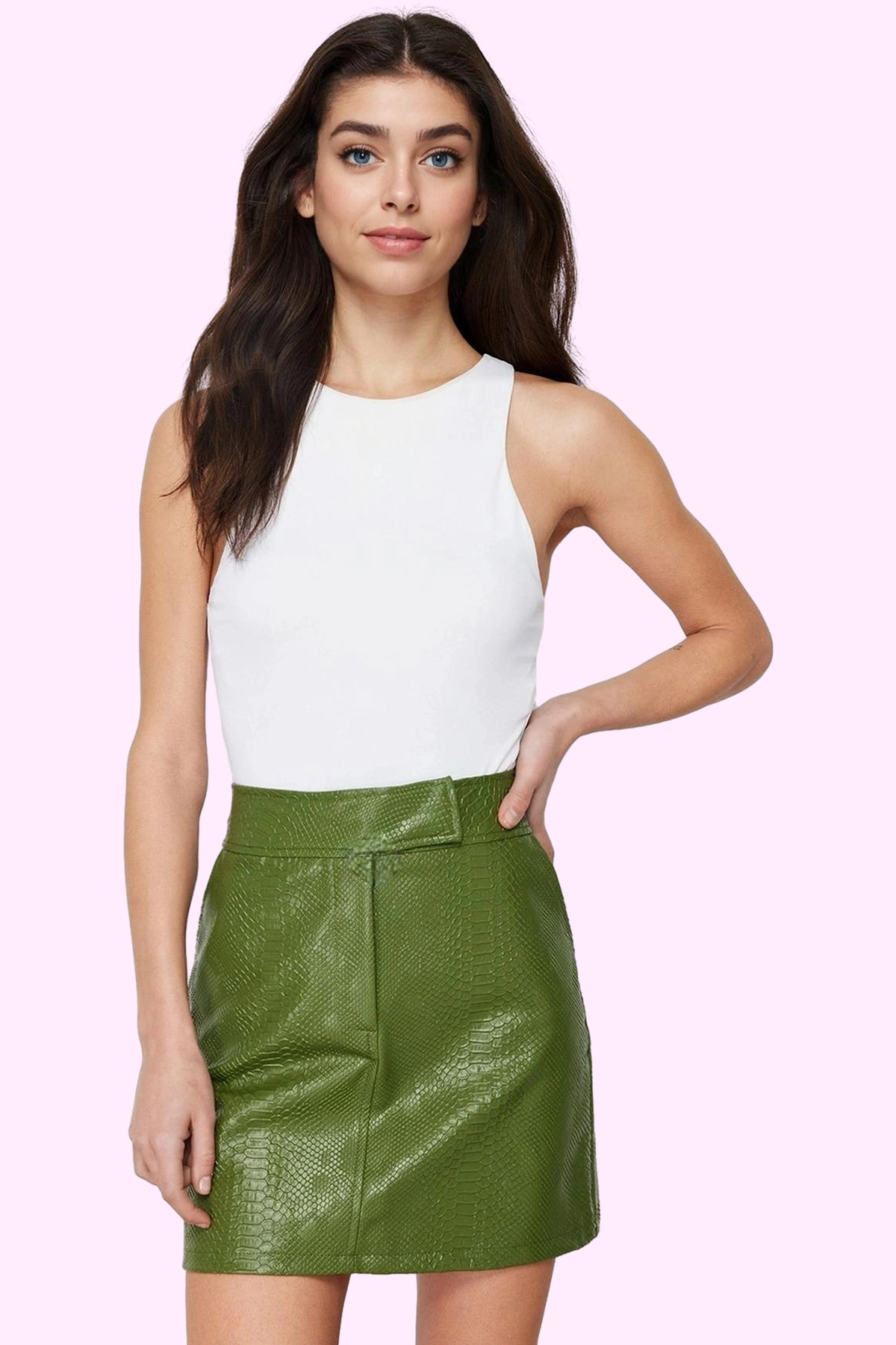 Kadın Mini A Line Suni Deri Etek Yüksek Bel Cepsiz Şık Tasarım Günlük Kullanım Özel Günler